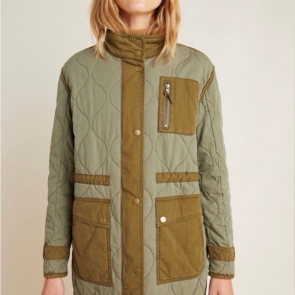 Anthropologie Jackets & Blazers - Anthropologie Olive Quilted Long Puffer Coat with Contrast Trim